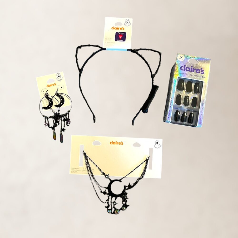 Black Cat Accessories (Light Up Ears, Black Nails and Moon Earrings & Necklace)